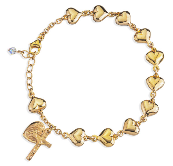 Gold over Sterling Silver Polished Heart Rosary Bracelet 8mm - Gold Plated