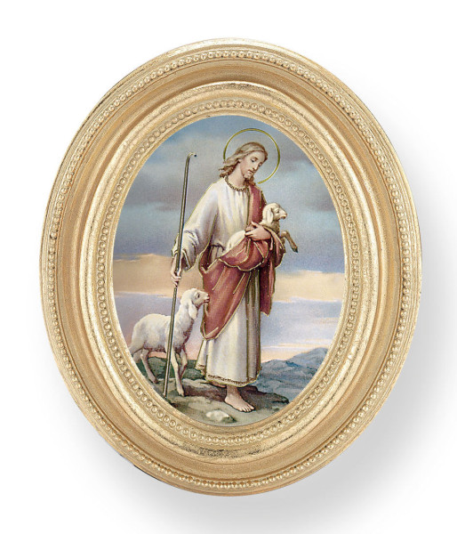 Good Shepherd Small 4.5 Inch Oval Framed Print - Gold
