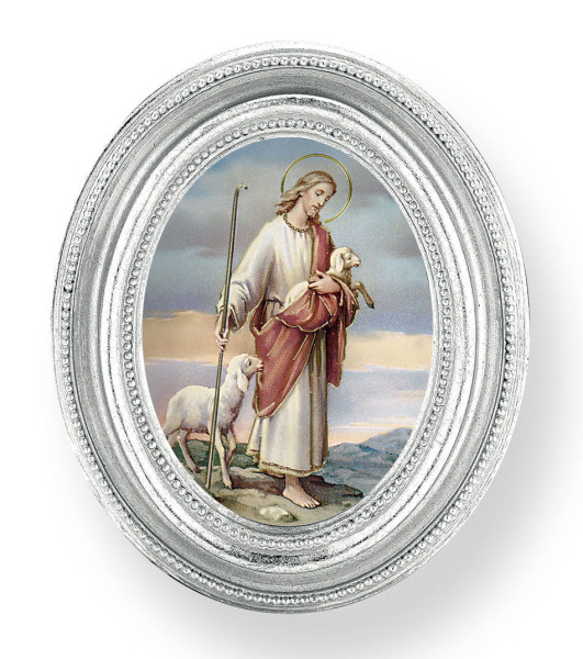 Good Shepherd Small 4.5 Inch Oval Framed Print - Silver