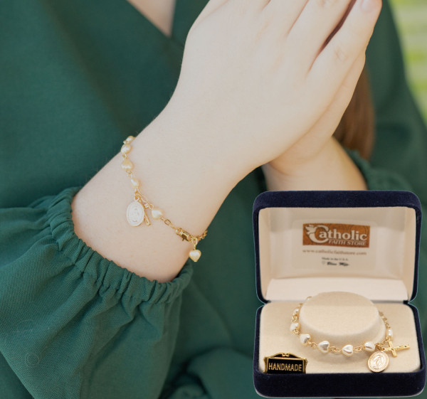 Heart Bracelet with Miraculous and Crucifix Charms - Gold Tone