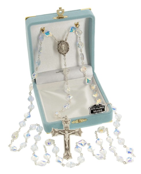 Heirloom Sterling Silver Miraculous Rosary with 10mm Swarovski Crystal Beads - Crystal | Sterling Silver