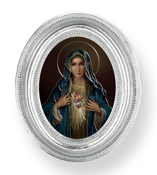 Immaculate Heart of Mary Small 4.5 Inch Oval Framed Print - Silver