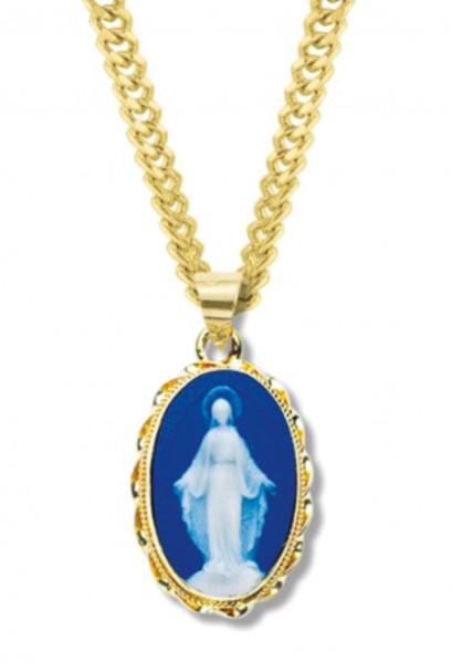 Italian Made Cameo Necklace Miraculous Medal - Blue | Gold