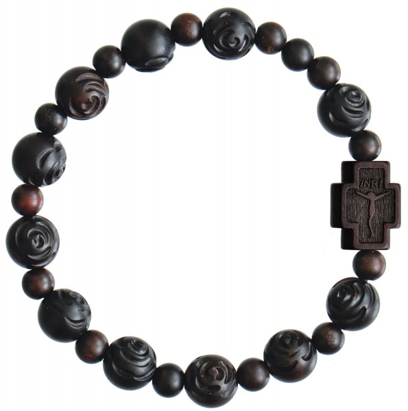 Jujube Wood Rose Bead Rosary Bracelet - 10mm - Brown