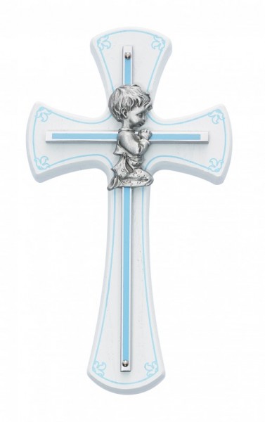 Kneeling Boy on Baby Cross - White | Silver