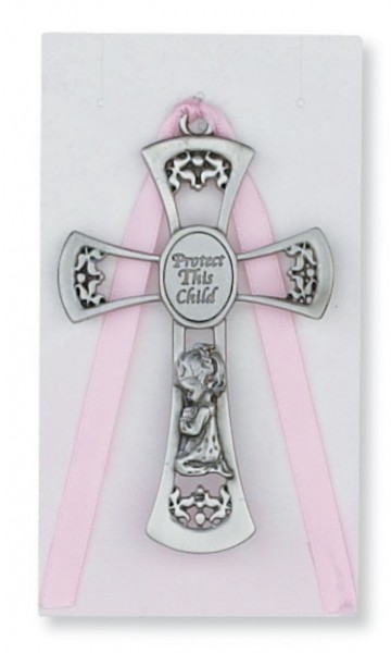 Kneeling Girl Cross Crib Medal, Pewter - Silver