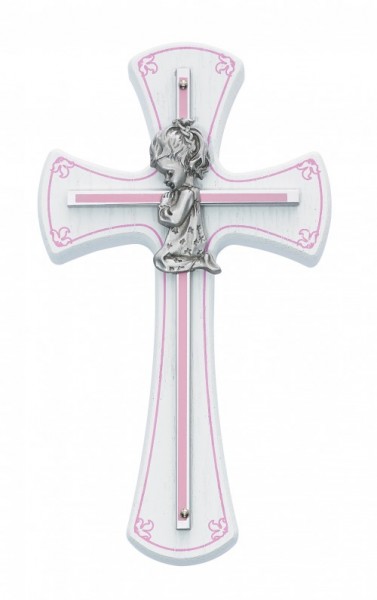 Kneeling Girl on Baby Cross - White | Silver