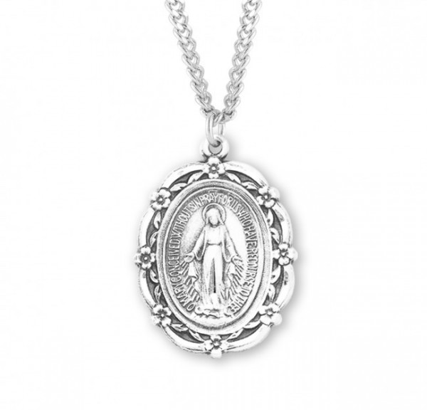 Larger Women's Miraculous Medal with Flower Accent - Sterling Silver