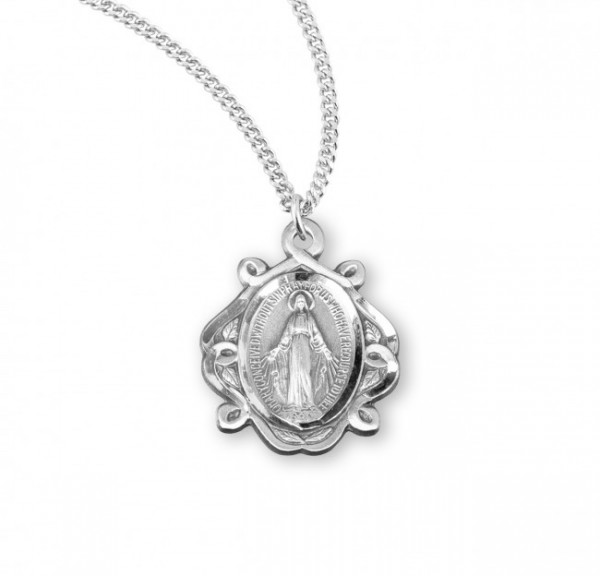 Larger Women's Scroll and Leaf Miraculous Medal - Sterling Silver
