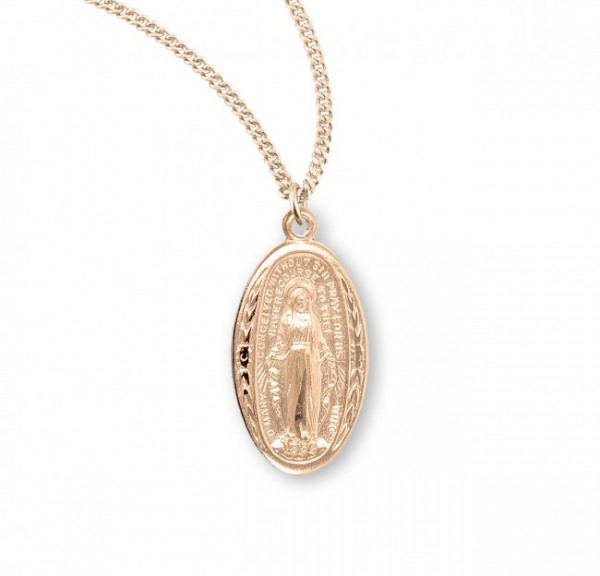 Leaves and Floral Border Oval Miraculous Medal - Gold Plated