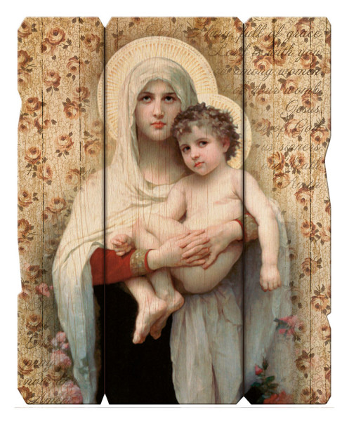 Madonna of the Roses Distressed Wood Wall Plaque - Full Color