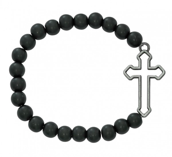 Men's Black Matte Bead and Cut Out Cross Stretch Bracelet - Black | Silver