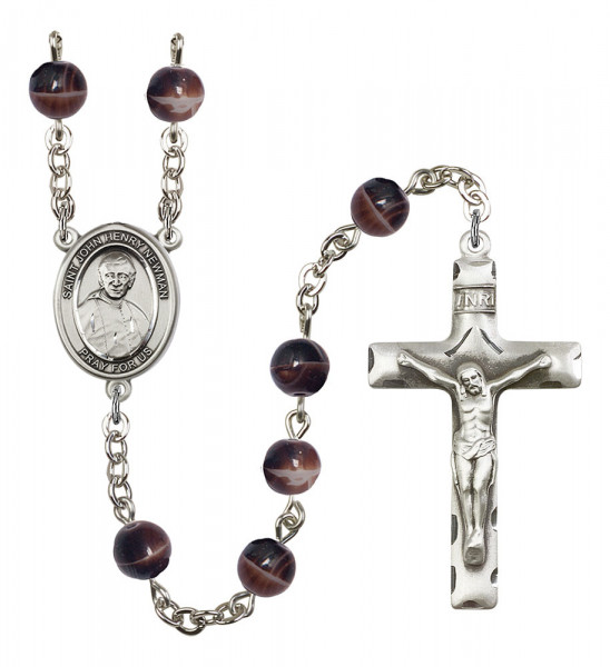 Men's Saint John Henry Newman Silver Plated Rosary - Brown