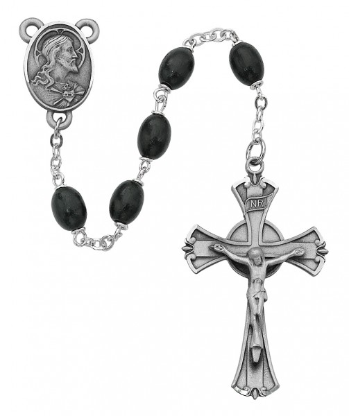Men's Classic Black Oval Wood Bead Rosary - Black