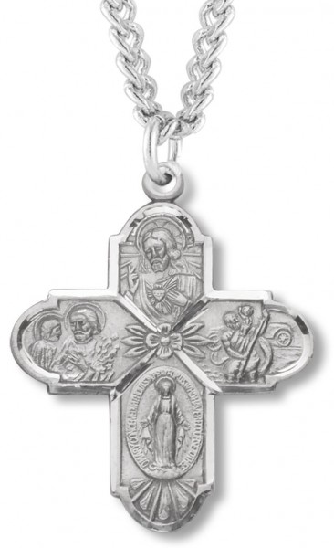 Men's Classic Four Way Pendant with Floral Center - Sterling Silver