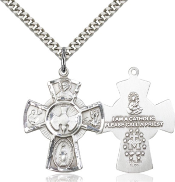 Men's Five-Way Medal with Large Center Dove - Sterling Silver