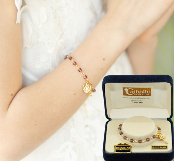 Miraculous and Crucifix Dangle Rosary Bracelet - Gold Plated
