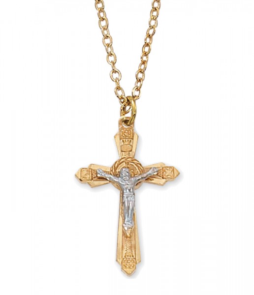 Women's Pointed Edge Wreath Center Crucifix Necklace - Two-Tone Gold