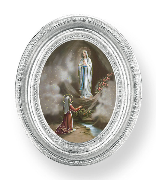 Our Lady of Lourdes Small 4.5 Inch Oval Framed Print - Silver