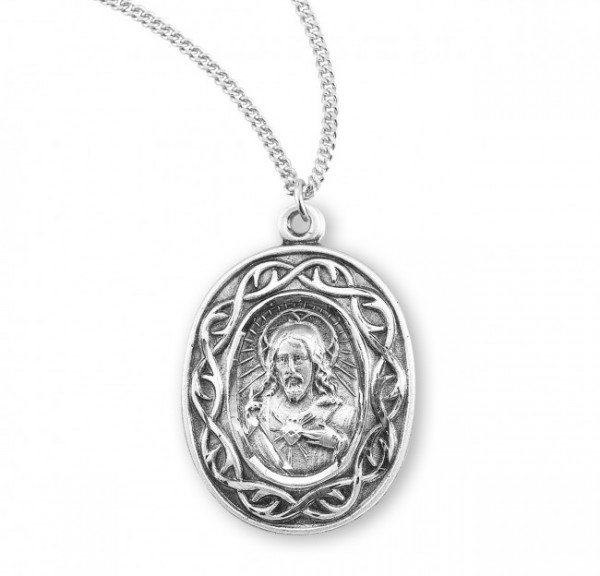 Oval Crown of Thorn Border Scapular Necklace - Sterling Silver
