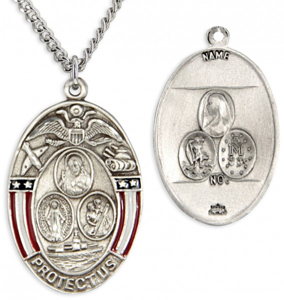 Oval Patriotic Land Air Sea Three Way Pendant - Sterling Silver