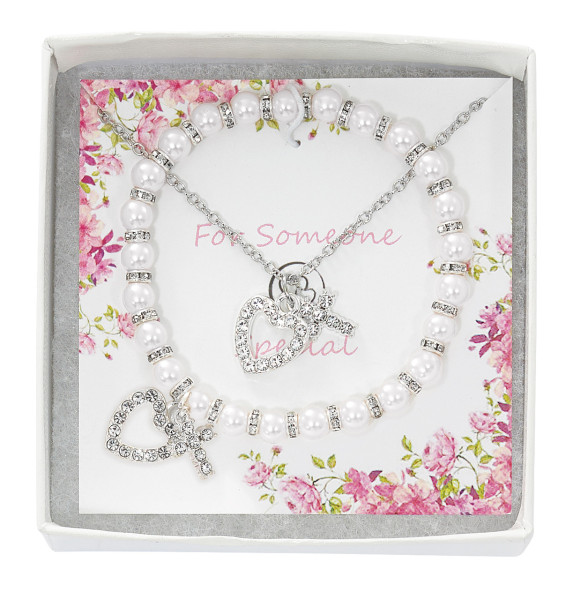 Pearl Glass Crystal Heart Stretch Bracelet Pendant Set - White | Silver