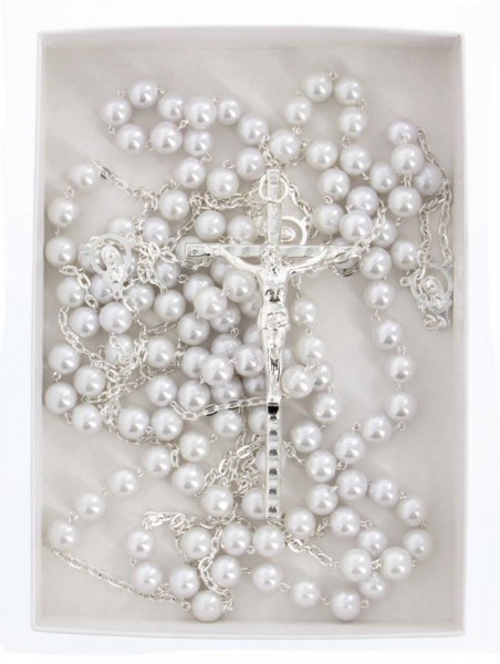 Pearl Lasso Wedding Rosary Silver Tone Accents - Without Deluxe Box
