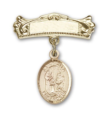 Pin Badge with St. Zita Charm and Arched Polished Engravable Badge Pin - 14K Solid Gold