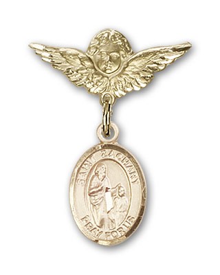 Pin Badge with St. Zachary Charm and Angel with Smaller Wings Badge Pin - Gold Tone