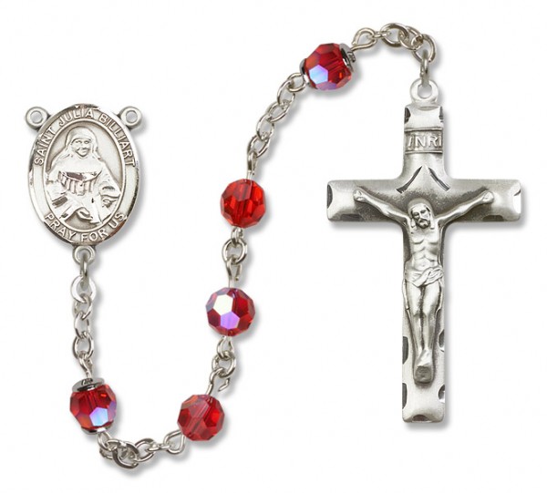 St. Julia Billiart Sterling Silver Heirloom Rosary Squared Crucifix - Ruby Red