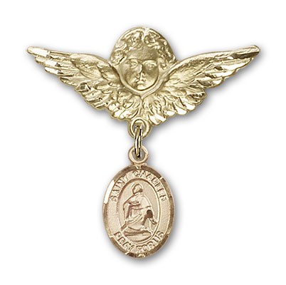 Pin Badge with St. Charles Borromeo Charm and Angel with Larger Wings Badge Pin - 14K Solid Gold