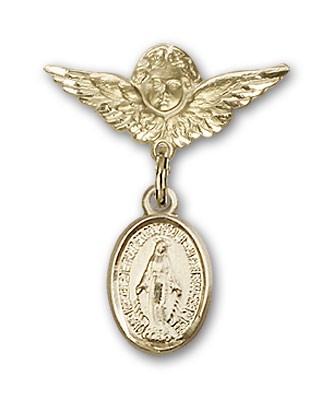 Baby Pin with Miraculous Charm and Angel with Smaller Wings Badge Pin - Gold Tone