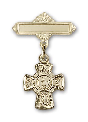 Pin Badge with Red 5-Way Charm and Polished Engravable Badge Pin - Gold Tone