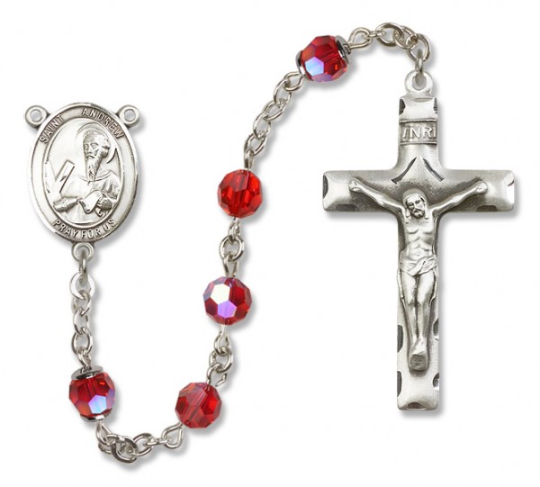 St. Andrew the Apostle Sterling Silver Heirloom Rosary Squared Crucifix - Ruby Red