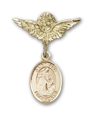 Pin Badge with St. Ann Charm and Angel with Smaller Wings Badge Pin - 14K Solid Gold