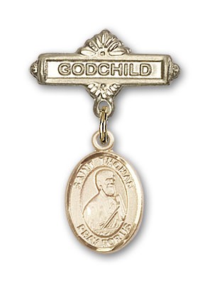 Pin Badge with St. Thomas the Apostle Charm and Godchild Badge Pin - Gold Tone