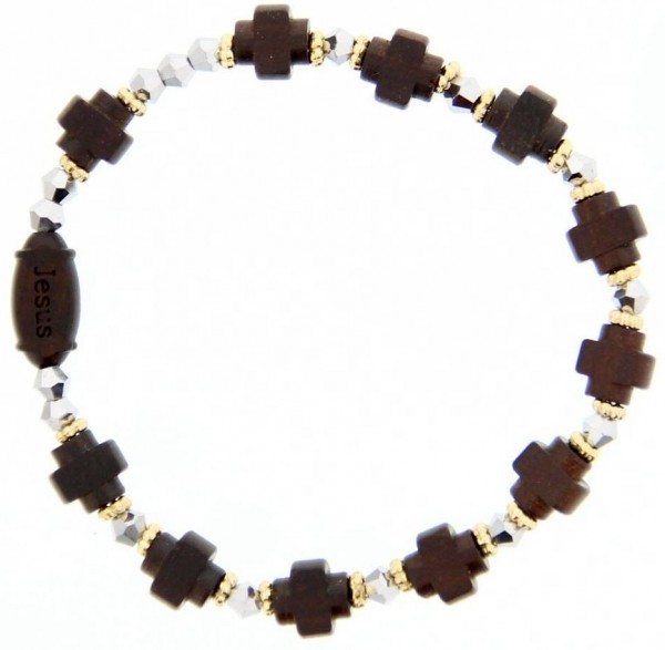 Jujube Wood Cross Bead Rosary Bracelet - 8mm - Brown | Silver