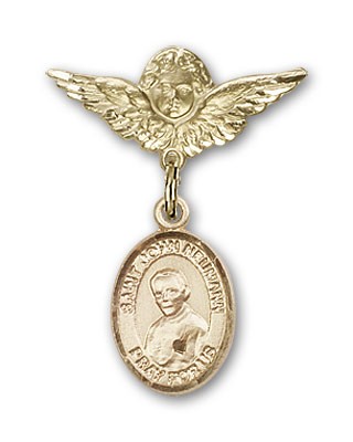 Pin Badge with St. John Neumann Charm and Angel with Smaller Wings Badge Pin - 14K Solid Gold