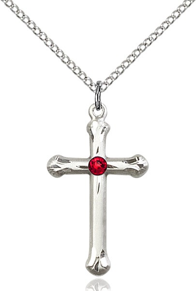 Teardrop Edge Cross Pendant with Birthstone Options - Ruby Red