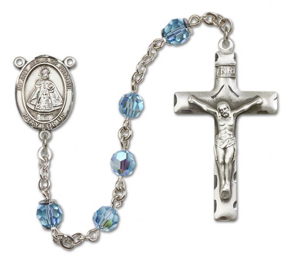 Infant of Prague Sterling Silver Heirloom Rosary Squared Crucifix - Aqua