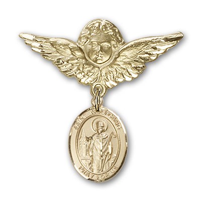 Pin Badge with St. Wolfgang Charm and Angel with Larger Wings Badge Pin - 14K Solid Gold