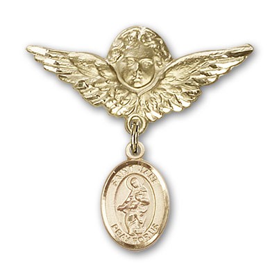 Pin Badge with St. Jane of Valois Charm and Angel with Larger Wings Badge Pin - 14K Solid Gold