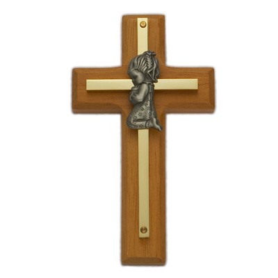 Wood &amp; Brass Praying Girl Baby Cross 4&quot;H   - Brown
