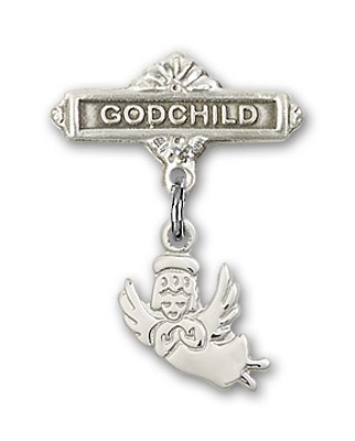 Baby Pin with Guardian Angel Charm and Godchild Badge Pin - Silver tone