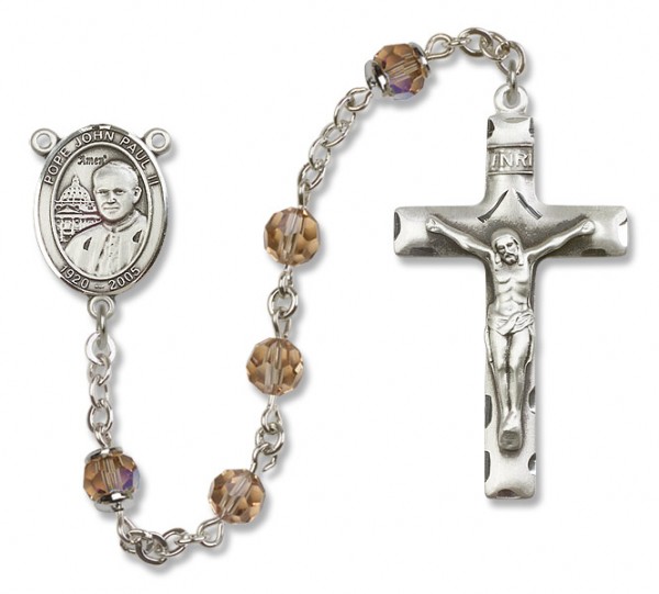 Pope John Paul II Sterling Silver Heirloom Rosary Squared Crucifix - Topaz