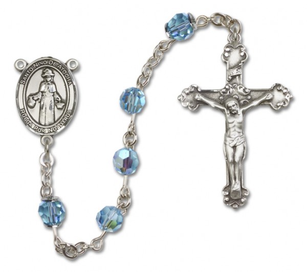 St. Nino de Atocha Sterling Silver Heirloom Rosary Fancy Crucifix - Aqua