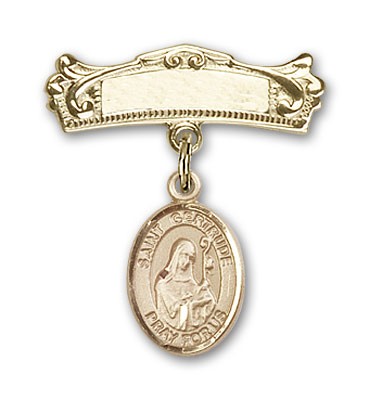 Pin Badge with St. Gertrude of Nivelles Charm and Arched Polished Engravable Badge Pin - 14K Solid Gold