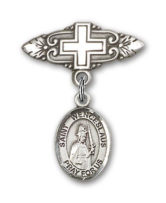 Pin Badge with St. Wenceslaus Charm and Badge Pin with Cross - Silver tone