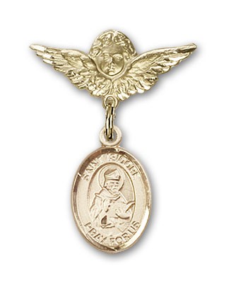 Pin Badge with St. Isidore of Seville Charm and Angel with Smaller Wings Badge Pin - Gold Tone