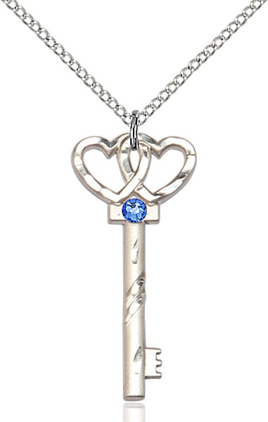Small Key with Double Heart Pendant and Birthstone - Sapphire